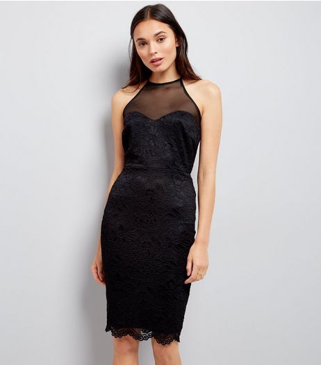 Black Floral Lace High Neck Bodycon Dress | New Look