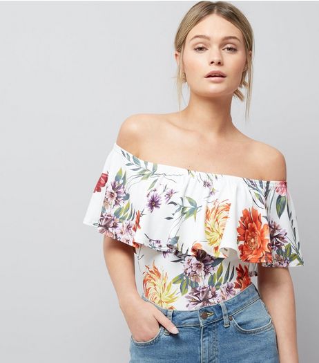White Floral Print Frill Trim Bardot Bodysuit | New Look