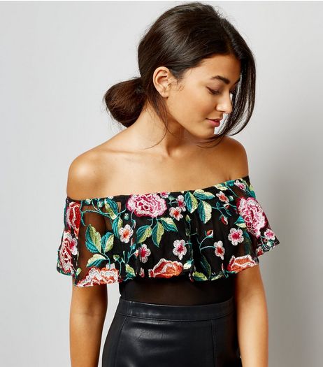 Black Floral Embroidered Frill Trim Mesh Bodysuit | New Look