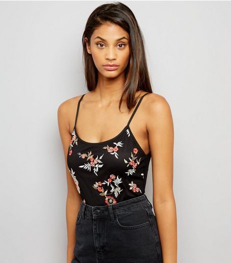 Black Floral Embroidered Mesh Back Bodysuit | New Look