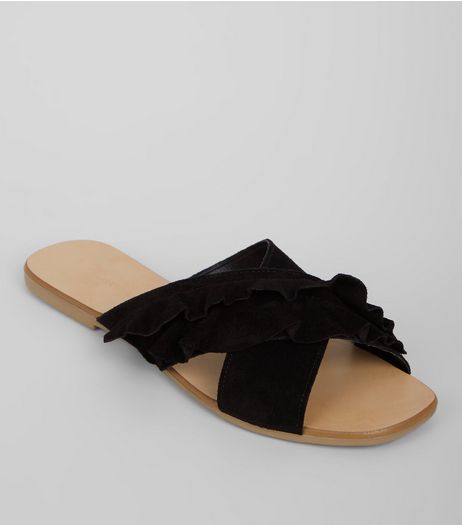Wide Fit Black Leather Frill Sandals | New Look