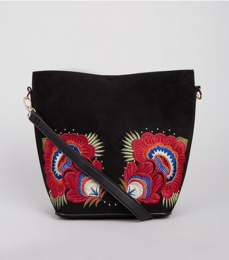 Black Suedette Floral Embroidered Bucket Bag | New Look