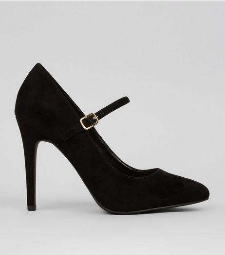 Wide Fit Black Suedette Strap Top Court Shoes | New Look