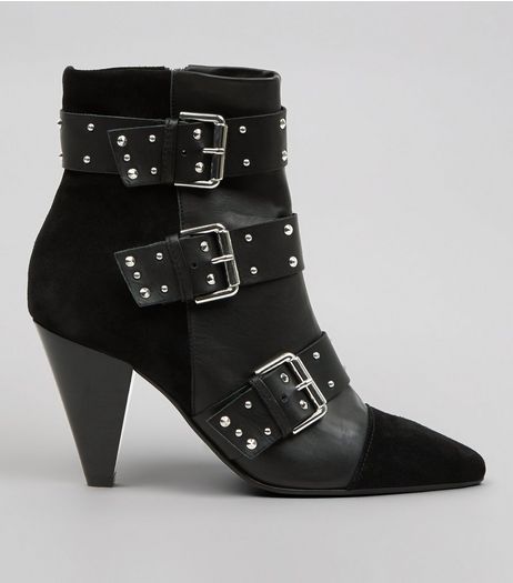 Black Leather Triple Buckle Heeled Ankle Boots | New Look