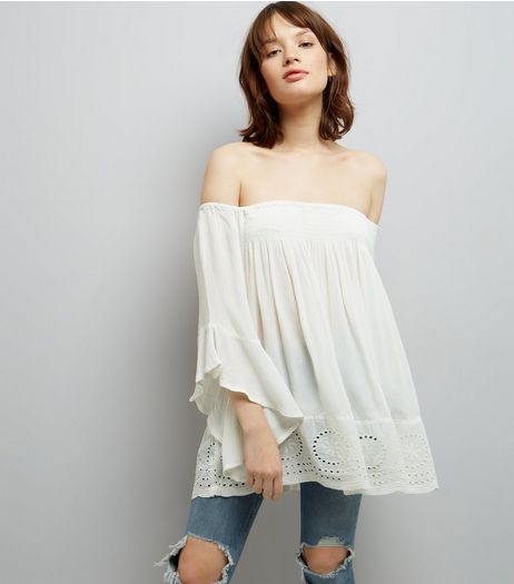 Blue Vanilla Cream Crochet Trim Bardot Top | New Look