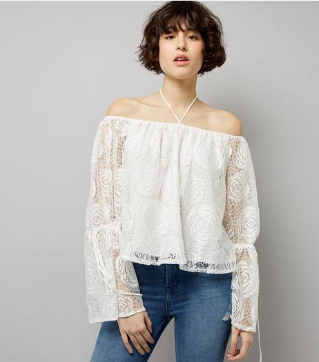 Blue Vanilla Cream Crochet Lace Bardot Neck Top | New Look