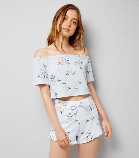 Blue Stripe and Floral Print Bardot Neck Top | New Look