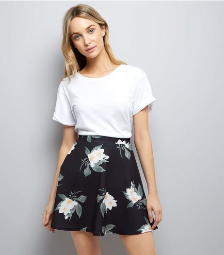 Black Floral Print Skater Skirt | New Look