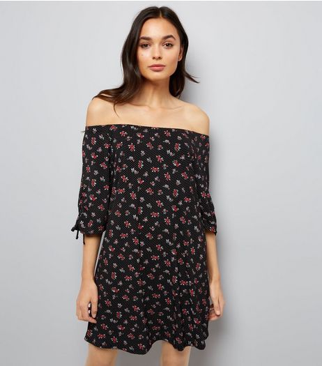 Black Spot and Floral Tie Sleeve Bardot Neck Dress | New Look