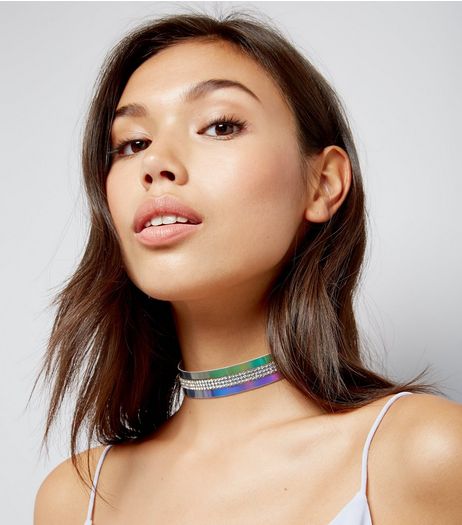 Multi Coloured Wide Diamante Choker | New Look