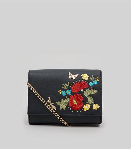 Black Floral Embroidered Cross Body Bag | New Look