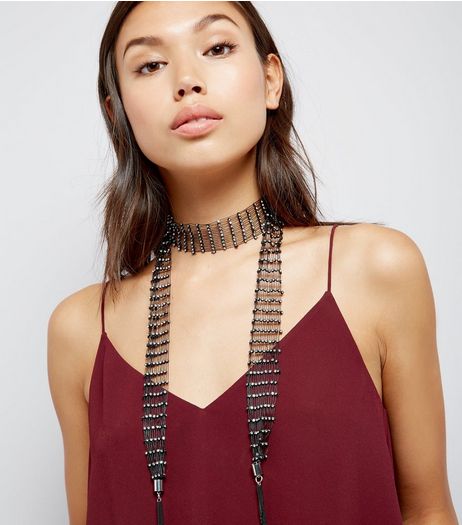 Black Crystal Embellished Mesh Scarf | New Look