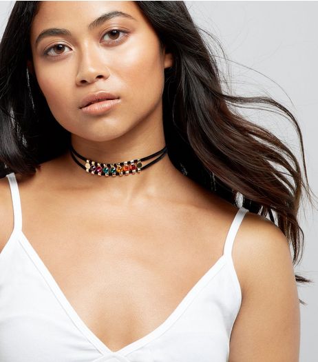 Multi Coloured Gem Cord Choker | New Look