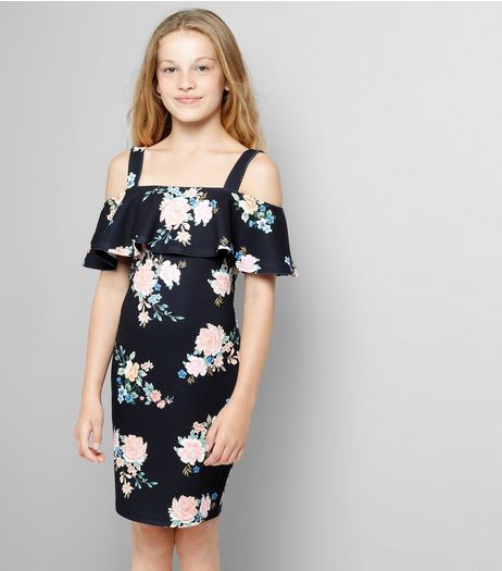 Teens Black Floral Print Cold Shoulder Dress | New Look