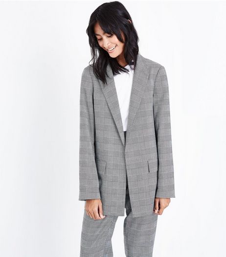Grey Check Contrast Cuff Girlfriend Blazer | New Look