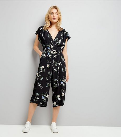 Black Floral Print Wrap Front Culotte Jumpsuit | New Look