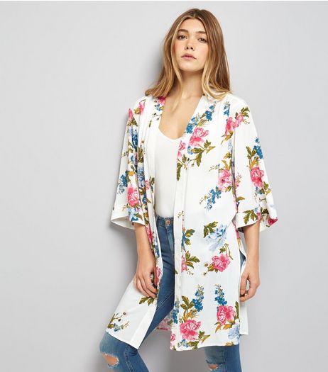 White Floral Print Longline Kimono | New Look