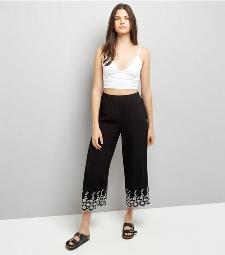 Black Floral Embroidered Hme Cropped Trousers | New Look