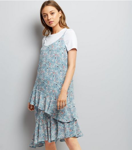 Blue Floral Print Frill Trim Hem Slip Dress | New Look