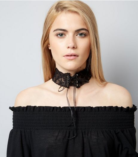 Black Sheer Lace Up Wide Choker | New Look