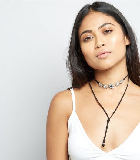Black Cord Diamanté Star Drop Choker | New Look