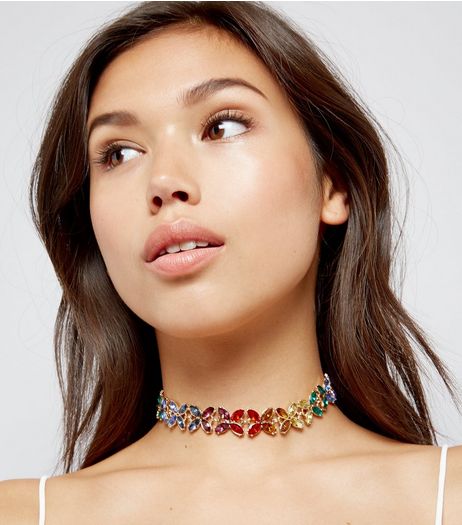 Gold Multi Stone Choker | New Look