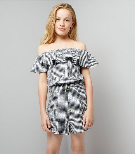Teens Black Floral Embroidered Gingham Playsuit | New Look