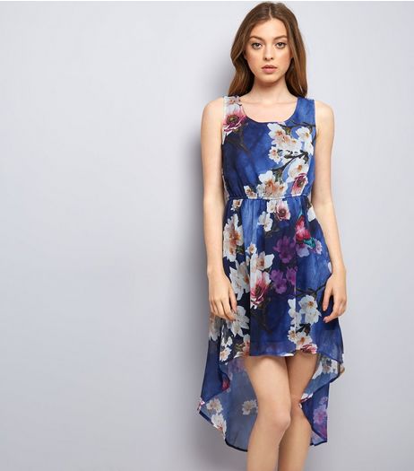 Mela Blue Floral Watercolour Print Dip Hem Dress | New Look