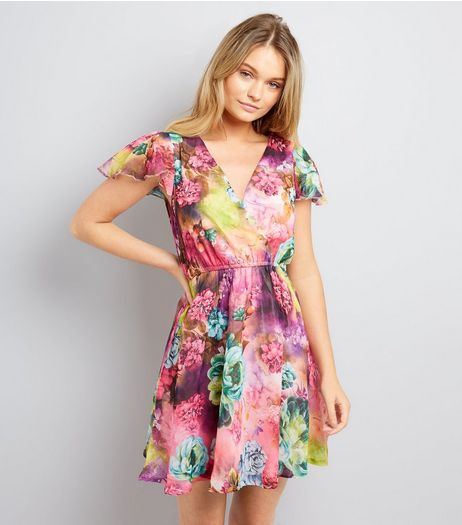Mela Multicoloured Floral Print Wrap Front Dress | New Look