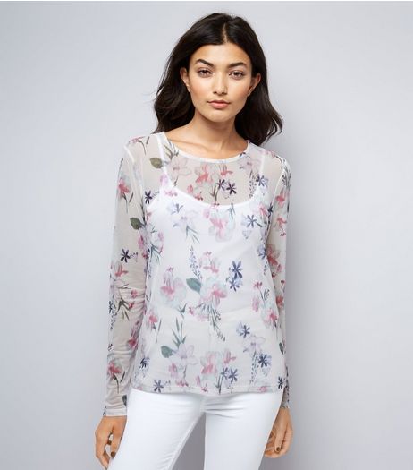 White Floral Print Mesh Long Sleeve Top | New Look