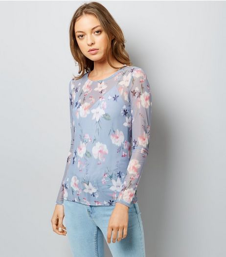 Blue Floral Print Mesh Long Sleeve Top | New Look