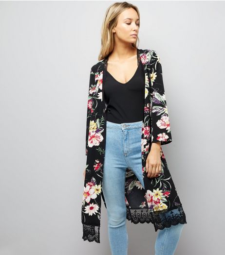 Cameo Rose Black Floral Print Lace Trim Kimono | New Look