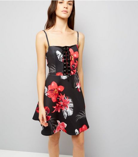 Cameo Rose Black Floral Print Corset Skater Dress | New Look