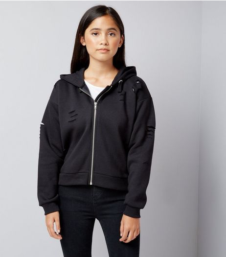 Teens Black Ripped Trim Hoodie | New Look