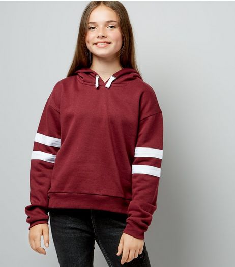 Teens Burgundy Stripe Sleeve Hoodie | New Look