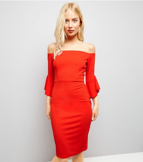 Cameo Rose Red Frill Trim Bardot Neck Dress | New Look