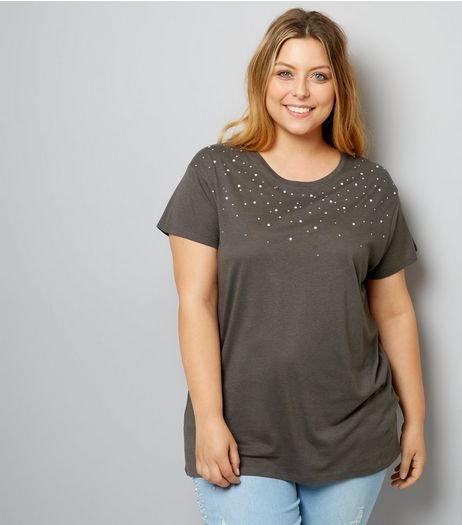 Curves Dark Grey Pearl Studded T-Shirt | New Look
