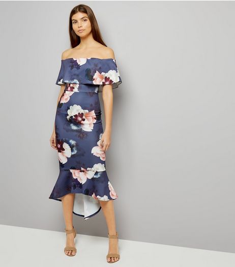 Pink Vanilla Navy Floral Print Bardot Neck Dress | New Look