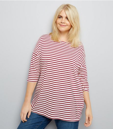 Curves Red Stripe 3/4 Sleeve T-Shirt | New Look