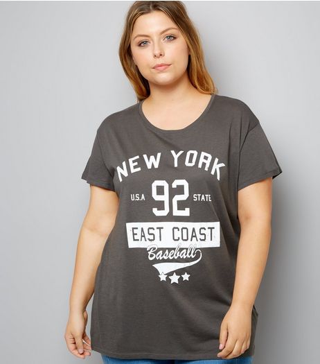 Curves Dark Grey New York 98 Print T-Shirt | New Look