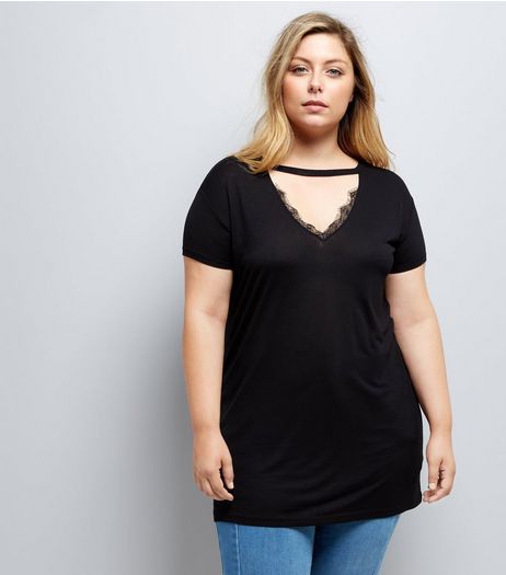 Curves Black Lace Trim Choker T-Shirt | New Look