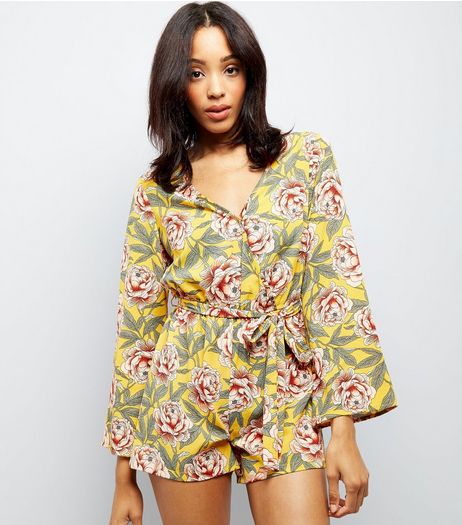 Yellow Floral Print Flare Sleeve Playsuit | New Look