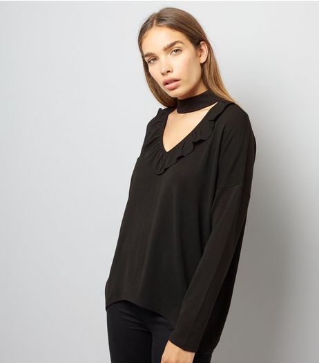 Blue Vanilla Black Frill Choker Neck Top | New Look