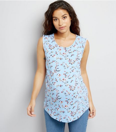 Maternity Blue Floral Print Frill Shoulder Vest Top | New Look