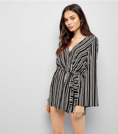 Black Stripe Flared Sleeve Playsuit | New Look
