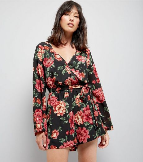 Black Floral Print Wrap Front Flared Sleeve Playsuit | New Look