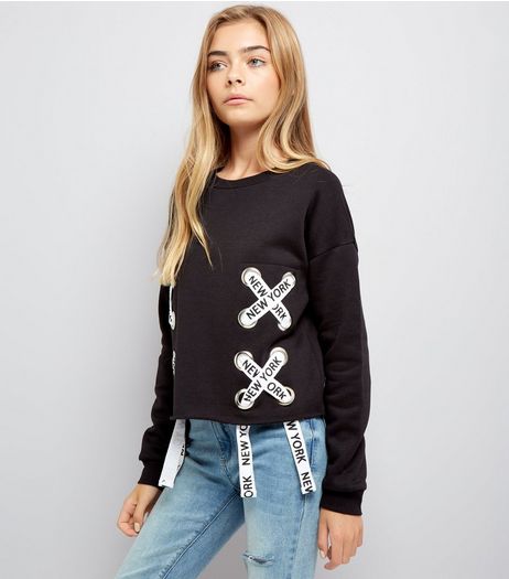 Teens Black New York Print Lace Up Sweater | New Look