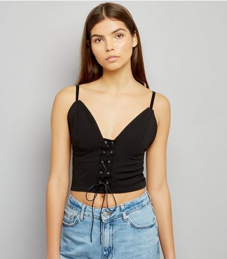 Pink Vanilla Black Lace Up Front Bralet | New Look