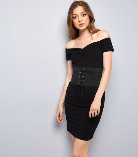 Pink Vanilla Black Corset Belt Bardot Dress | New Look