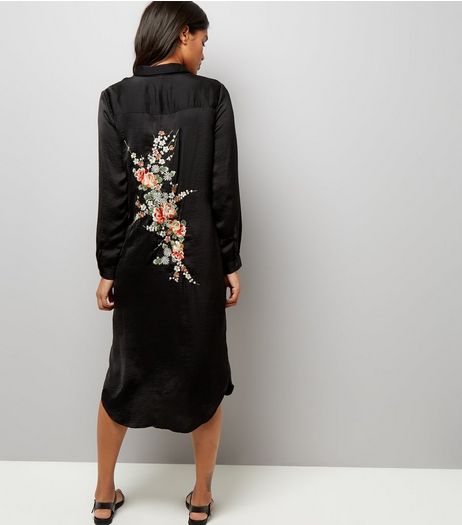 Blue Vanilla Black Floral Embroidered Satin Shirt Dress | New Look